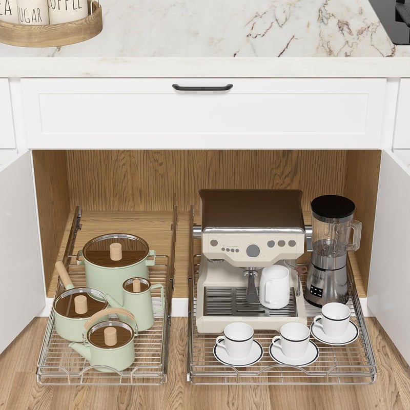 OCG Pull Out Cabinet Organizer 2 Pack (15" W x 21" D), Pull out Shelves 1 Tier, Cabinet Slide Out Shelves for Base Cabinet Organization in Kitchen Bathroom Pantry, Bottom Mount, Chrome Finish - Image 3